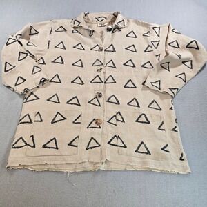What's Up Jacket Womens Medium Tan Linen Triangle Print Raw Hem Boho Made in USA